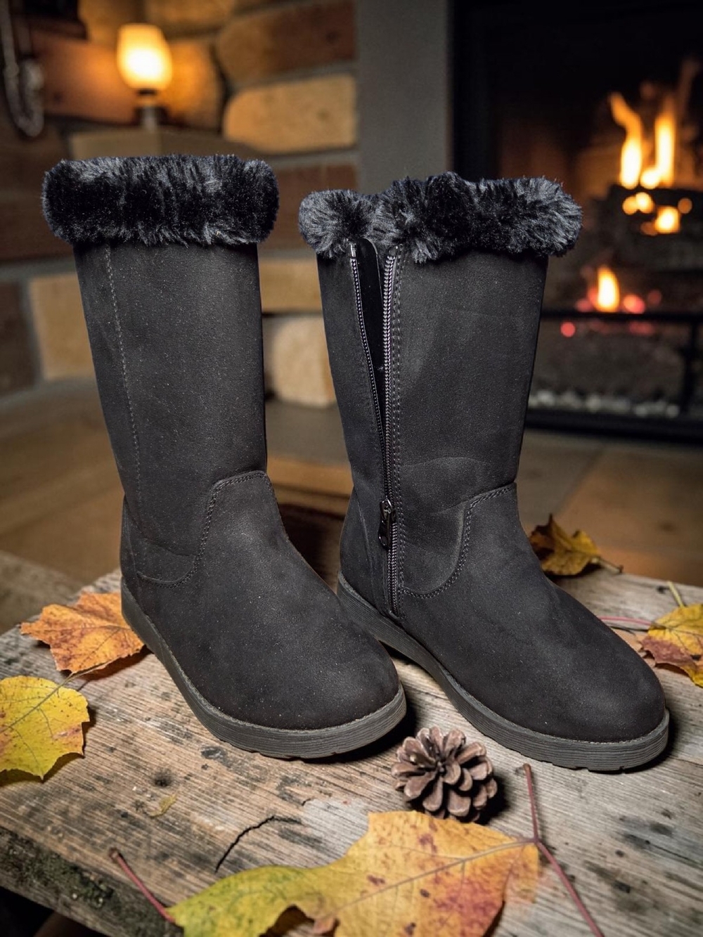 Cat & Jack Black Faux-Fur Mid-Calf Winter Boots ♡